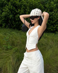 ROVENTE Tailored Wide-Leg Trousers in Textured Linen with Back Flap Pockets - PINKPARKS