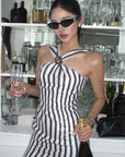 ROVENTE Striped Sequin Mini Dress with Metal Brooch Detail - PINKPARKS