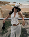 ROVENTE Halter Waistcoat Top with Plunging Neckline and Open Back - PINKPARKS