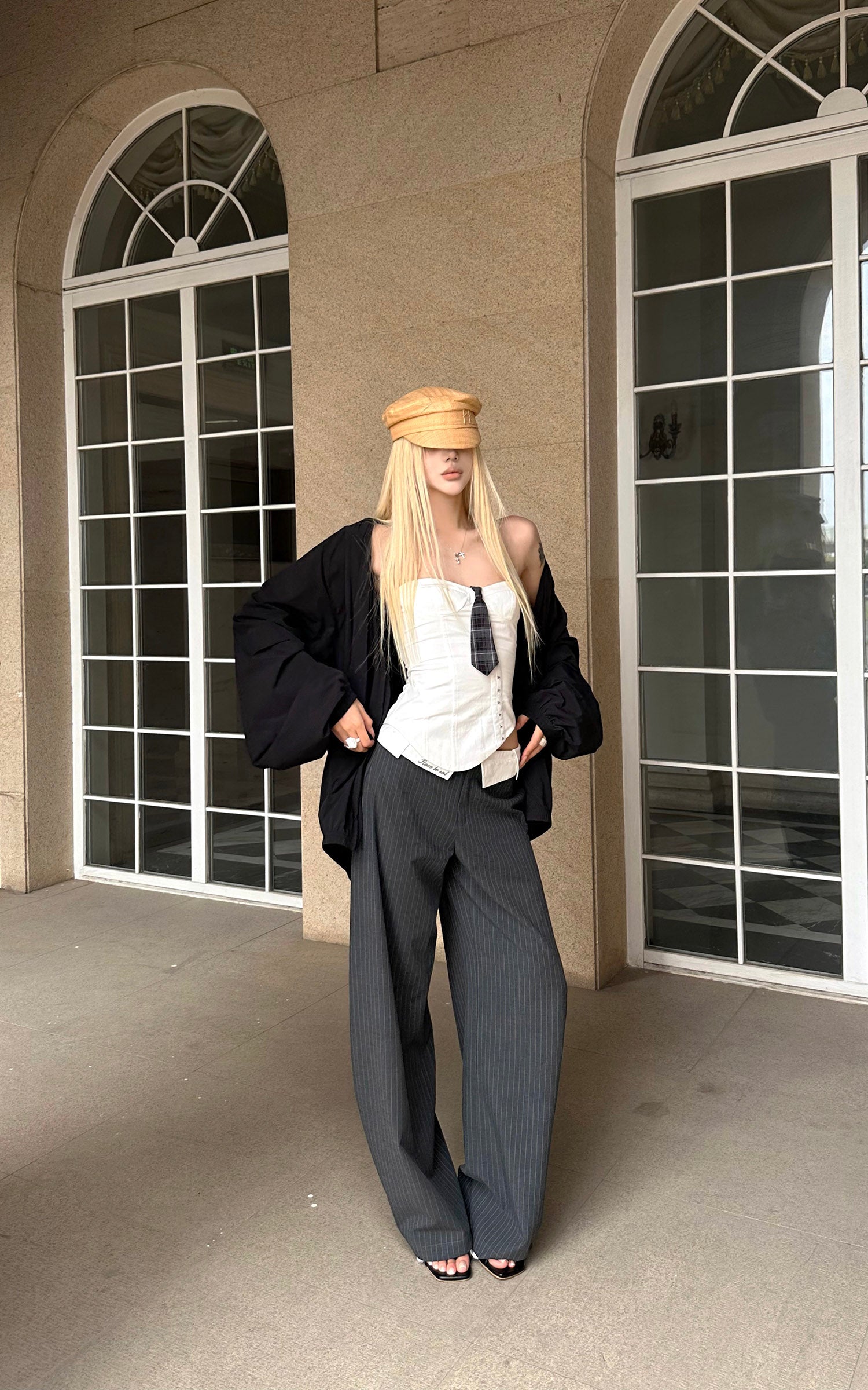 Rase le sol Asymmetric Buttoned Strapless Top with Plaid Tie Accent - PINKPARKS