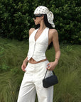 ROVENTE Halter Waistcoat Top with Plunging Neckline and Open Back - PINKPARKS