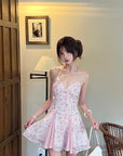 DreamyNerd Vintage Floral Halter Mini Dress with Chiffon Inserts and Flared Skirt - PINKPARKS