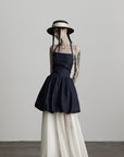 DOINDULGE Denim Halter Dress with Bubble Silhouette and Sheer Pleated Chiffon Hem