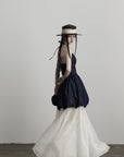 DOINDULGE Denim Halter Dress with Bubble Silhouette and Sheer Pleated Chiffon Hem