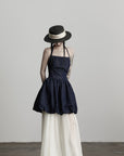DOINDULGE Denim Halter Dress with Bubble Silhouette and Sheer Pleated Chiffon Hem