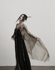 DOINDULGE Sheer Drape Long Cardigan with Bead Tie Detail