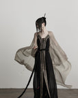 DOINDULGE Sheer Drape Long Cardigan with Bead Tie Detail