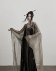 DOINDULGE Sheer Drape Long Cardigan with Bead Tie Detail