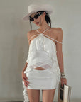 ROVENTE Asymmetrical Layered Ruffle Cami Top with Halter Straps - PINKPARKS