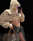 Rase le sol Gothic Embroidery Cropped Hoodie with Raw Edge Detail