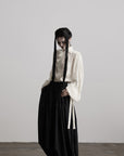 DOINDULGE Textured Button Shirt with Ruffled Front and Long Sashes