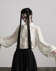 DOINDULGE Textured Button Shirt with Ruffled Front and Long Sashes