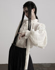 DOINDULGE Textured Button Shirt with Ruffled Front and Long Sashes
