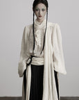 DOINDULGE Textured Button Shirt with Ruffled Front and Long Sashes