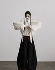 DOINDULGE Textured Button Shirt with Ruffled Front and Long Sashes