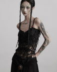 DOINDULGE Deconstructed Mesh Top with Beads and Raw Edge Detailing