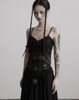 DOINDULGE Deconstructed Mesh Top with Beads and Raw Edge Detailing