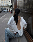 ROVENTE Draped Open Back Long Sleeve Top with Adjustable Strap