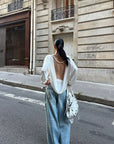 ROVENTE Draped Open Back Long Sleeve Top with Adjustable Strap