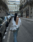ROVENTE Draped Open Back Long Sleeve Top with Adjustable Strap
