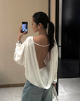 ROVENTE Draped Open Back Long Sleeve Top with Adjustable Strap