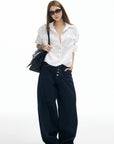 IAMXIAA Jean large en denim taille haute, braguette à boutons, délavage foncé, style streetwear