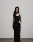 DOINDULGE Draped Halter Tank with Bead Detail and Asymmetric Ruched Cut-Out