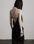 DOINDULGE Draped Halter Tank with Bead Detail and Asymmetric Ruched Cut-Out