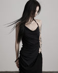 DOINDULGE Draped Halter Tank with Bead Detail and Asymmetric Ruched Cut-Out