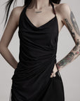 DOINDULGE Draped Halter Tank with Bead Detail and Asymmetric Ruched Cut-Out