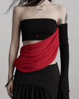 DOINDULGE Asymmetric Drape Top — Sculptural Red Pleats with Black Knit Base