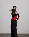 DOINDULGE Asymmetric Drape Top — Sculptural Red Pleats with Black Knit Base
