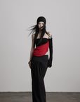DOINDULGE Asymmetric Drape Top — Sculptural Red Pleats with Black Knit Base
