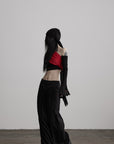 DOINDULGE Asymmetric Drape Top — Sculptural Red Pleats with Black Knit Base