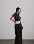 DOINDULGE Asymmetric Drape Top — Sculptural Red Pleats with Black Knit Base