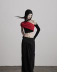 DOINDULGE Asymmetric Drape Top — Sculptural Red Pleats with Black Knit Base