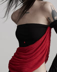 DOINDULGE Asymmetric Drape Top — Sculptural Red Pleats with Black Knit Base