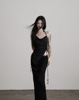 DOINDULGE Draped Halter Tank with Bead Detail and Asymmetric Ruched Cut-Out