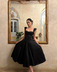 ROVENTE Off-Shoulder Satin Corset Midi Dress with Flared Skirt