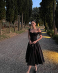 ROVENTE Off-Shoulder Satin Corset Midi Dress with Flared Skirt