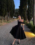 ROVENTE Off-Shoulder Satin Corset Midi Dress with Flared Skirt