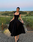 ROVENTE Off-Shoulder Satin Corset Midi Dress with Flared Skirt