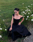 ROVENTE Off-Shoulder Satin Corset Midi Dress with Flared Skirt