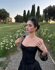 ROVENTE Off-Shoulder Satin Corset Midi Dress with Flared Skirt