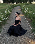 ROVENTE Off-Shoulder Satin Corset Midi Dress with Flared Skirt
