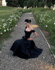 ROVENTE Off-Shoulder Satin Corset Midi Dress with Flared Skirt