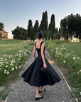 ROVENTE Off-Shoulder Satin Corset Midi Dress with Flared Skirt