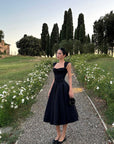 ROVENTE Off-Shoulder Satin Corset Midi Dress with Flared Skirt