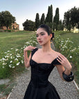 ROVENTE Off-Shoulder Satin Corset Midi Dress with Flared Skirt