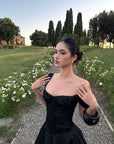 ROVENTE Off-Shoulder Satin Corset Midi Dress with Flared Skirt